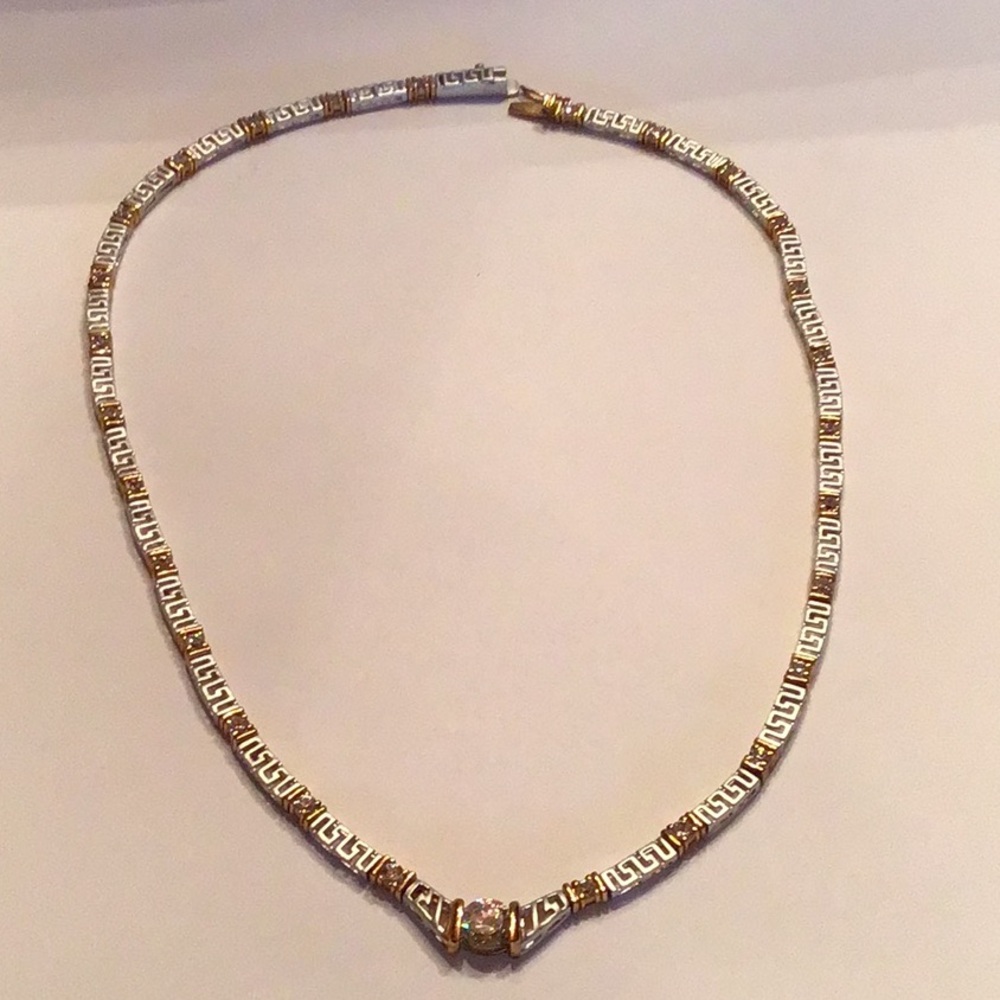 New Fashion Matt Silver Necklace w/gold accents. Clear CZ’S 18”